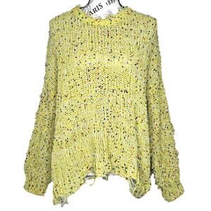 La Miel (M/L) Lime Oversized Loop Knit Sweater Raw Hem Distressed Boho Pullover